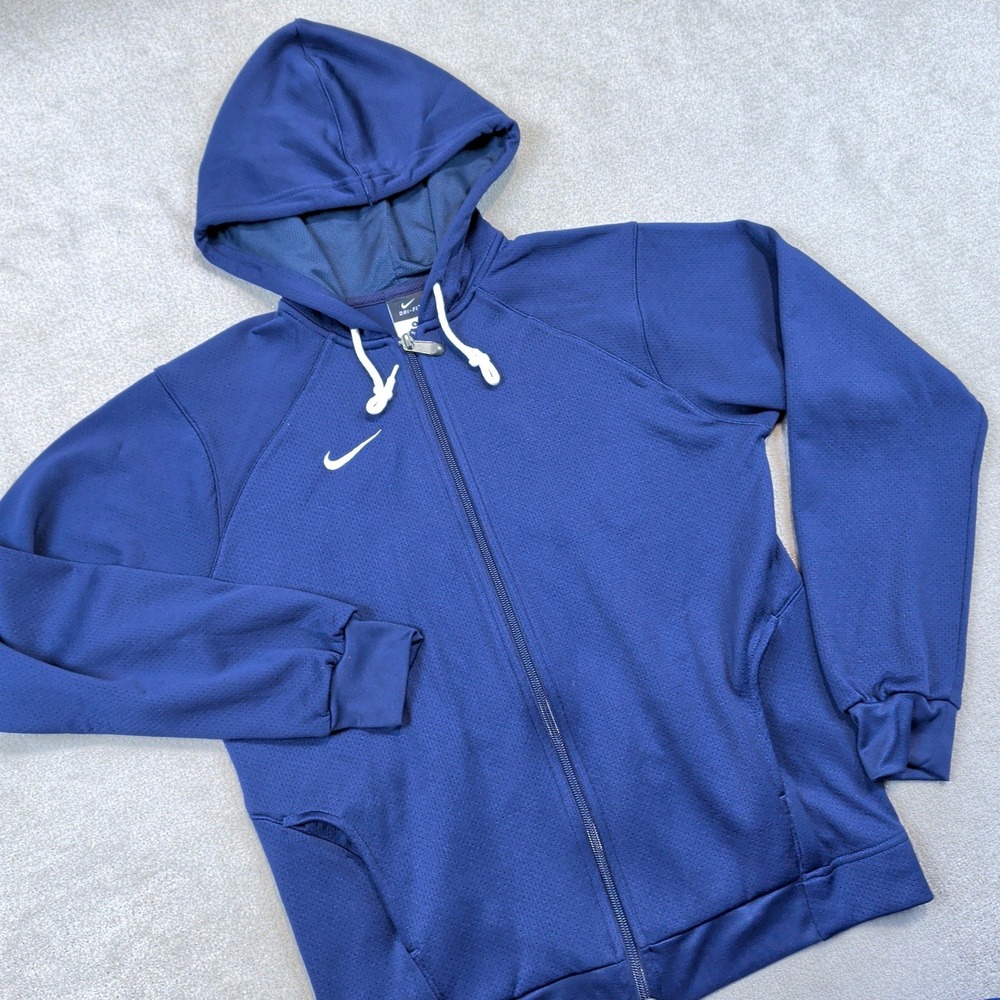 Nike Dri-FIT Full Zip Hoodie Mens Small Navy Blue Mesh Training Jacket Swoosh
